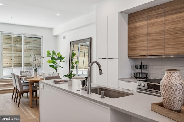 kitchen with white cabinets, sink, tasteful backsplash, stainless steel range with electric stovetop, and light wood-type flooring