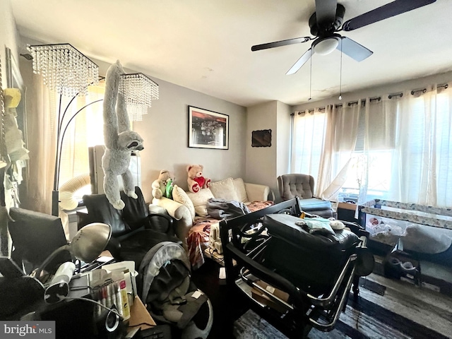 interior space featuring ceiling fan