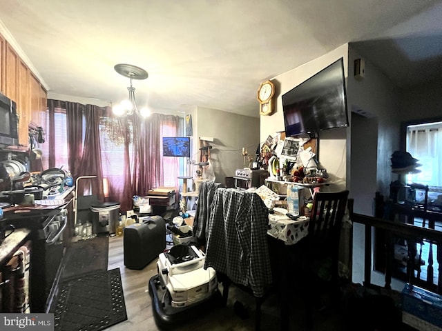 interior space featuring a notable chandelier and light wood-type flooring