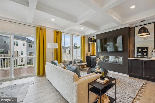 living room with beam ceiling, light wood-type flooring, and coffered ceiling