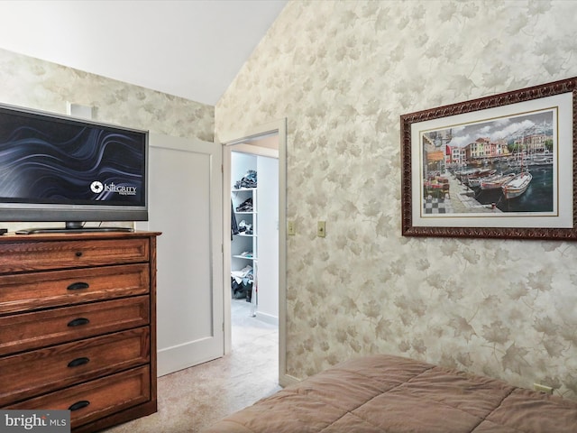 carpeted bedroom with lofted ceiling