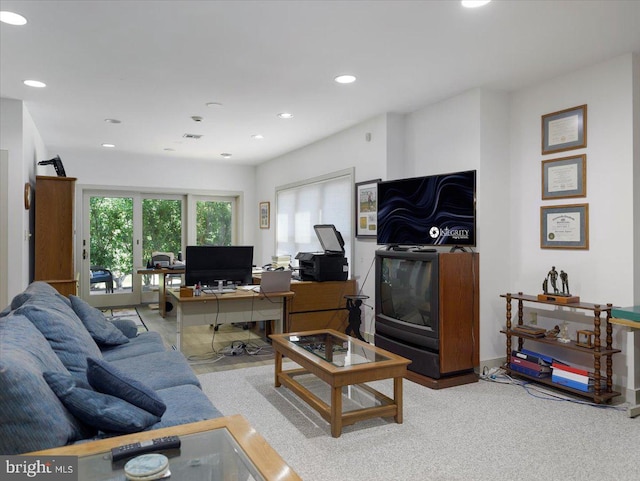 living room featuring light colored carpet