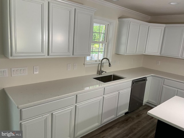 kitchen with ornamental molding, dishwasher, sink, dark wood-type flooring, and white cabinets