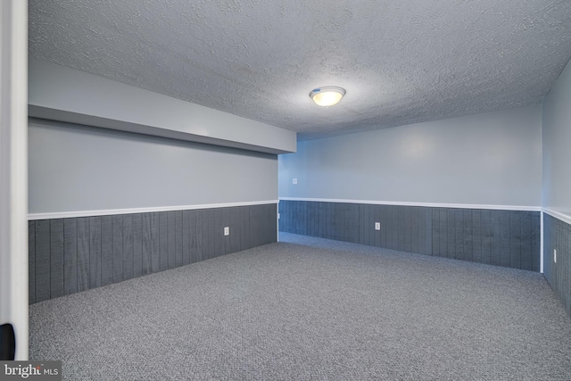 basement with carpet floors, a textured ceiling, wood walls, and wainscoting