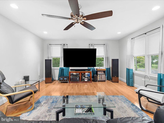 living room with ceiling fan and hardwood / wood-style flooring