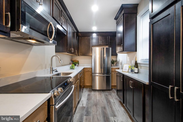 kitchen with light hardwood / wood-style flooring, stainless steel appliances, a wealth of natural light, and sink