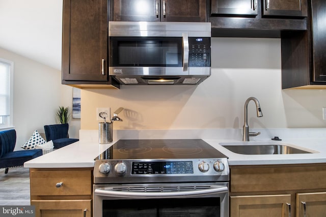 kitchen featuring dark brown cabinets, light hardwood / wood-style floors, appliances with stainless steel finishes, and sink