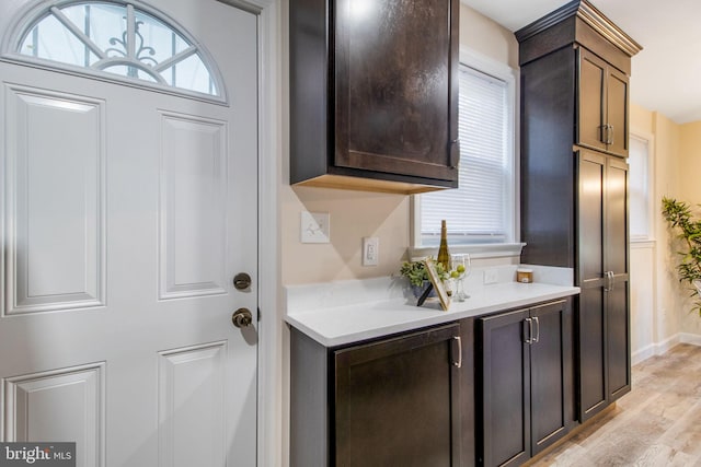 kitchen with dark brown cabinetry and light hardwood / wood-style floors