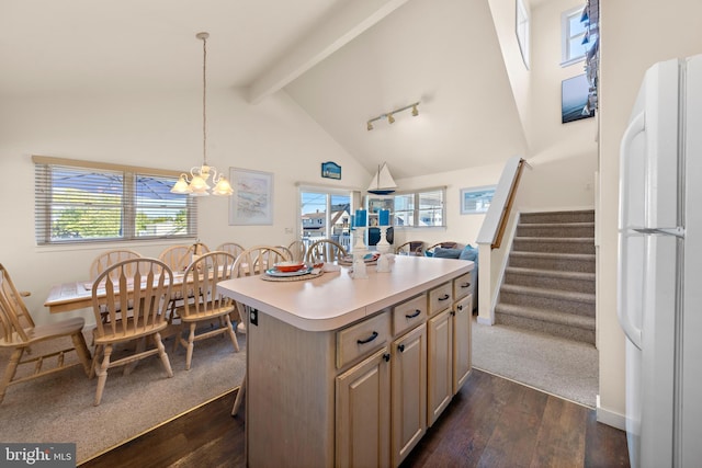 kitchen with a healthy amount of sunlight, dark wood-type flooring, a center island, and white fridge