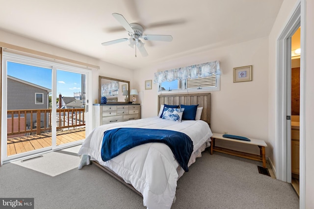 carpeted bedroom with ceiling fan and access to outside