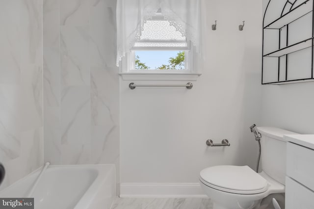 full bathroom featuring shower with separate bathtub, vanity, and toilet