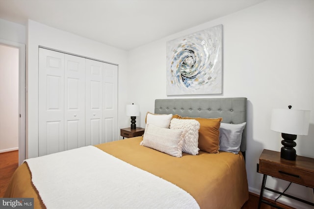 bedroom with a closet and dark hardwood / wood-style flooring