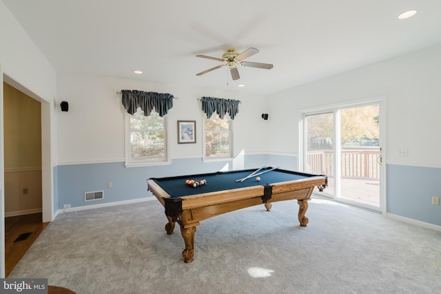 recreation room with carpet flooring, ceiling fan, and billiards