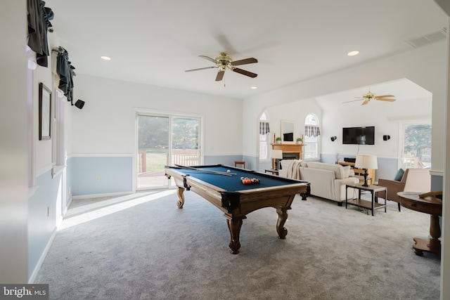 rec room featuring ceiling fan, light colored carpet, vaulted ceiling, and billiards