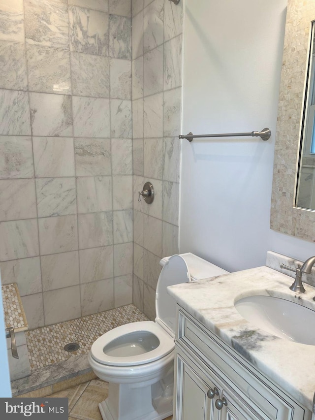 bathroom with vanity, a tile shower, and toilet