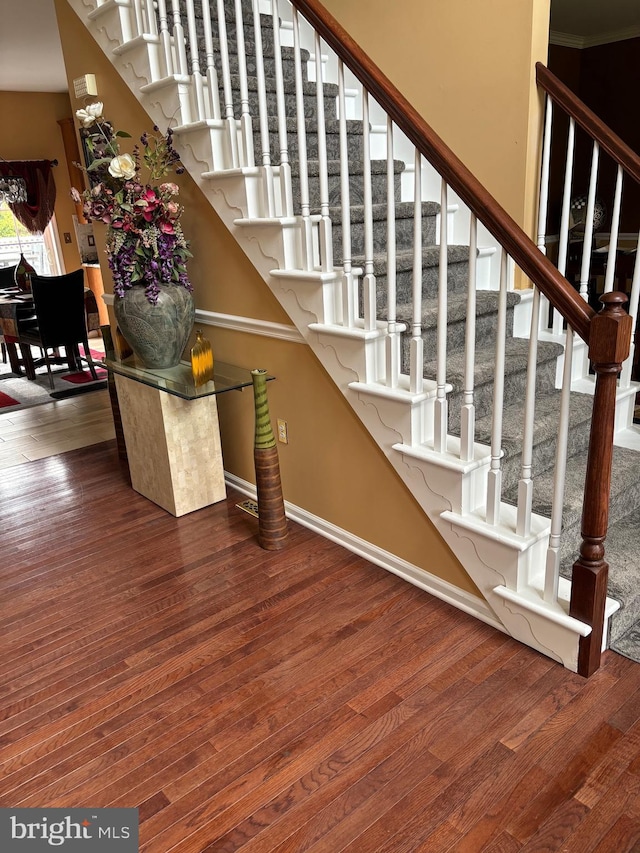 stairway with hardwood / wood-style floors