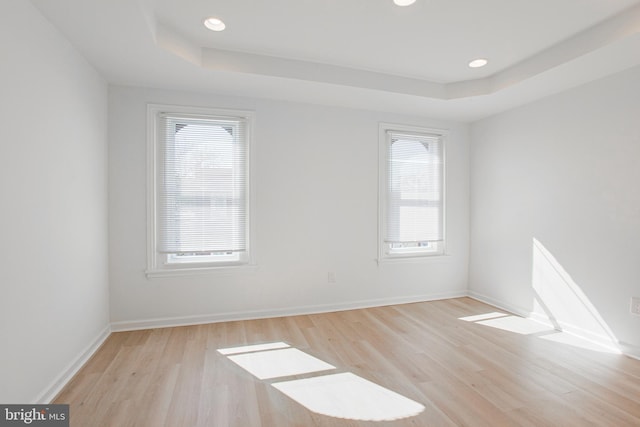 unfurnished room featuring light wood-type flooring, plenty of natural light, and a tray ceiling