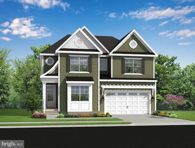 view of front of house featuring a garage, a front lawn, and driveway