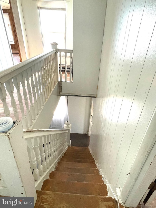 staircase with wood walls