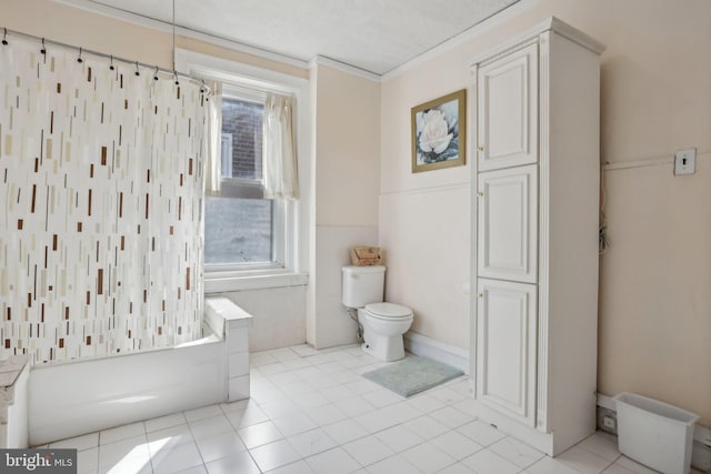 bathroom with tile patterned flooring, toilet, and shower / bath combination with curtain