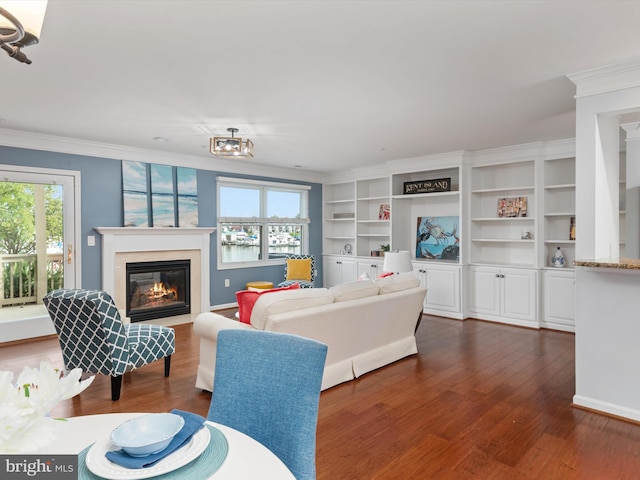 living room featuring crown molding and dark wood-type flooring