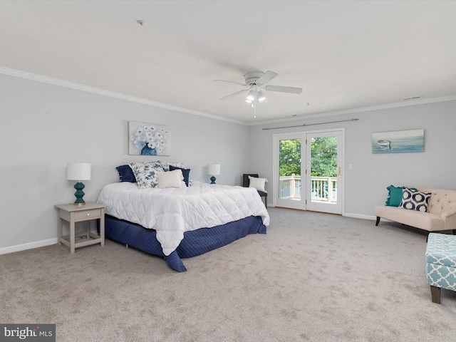 bedroom with access to exterior, carpet, ceiling fan, and ornamental molding