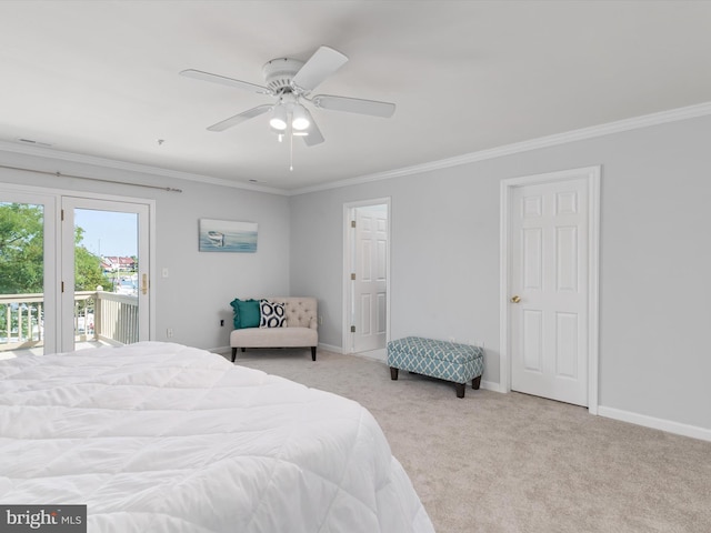 bedroom featuring access to exterior, light carpet, ceiling fan, and ornamental molding