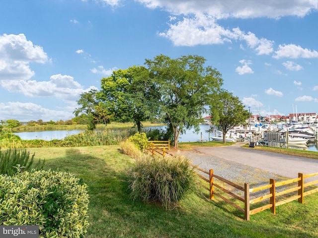 view of community featuring a lawn and a water view