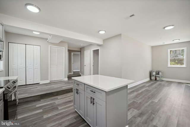 kitchen featuring gray cabinetry, dark hardwood / wood-style floors, and a kitchen island