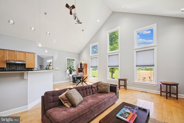 living room with light hardwood / wood-style flooring and high vaulted ceiling