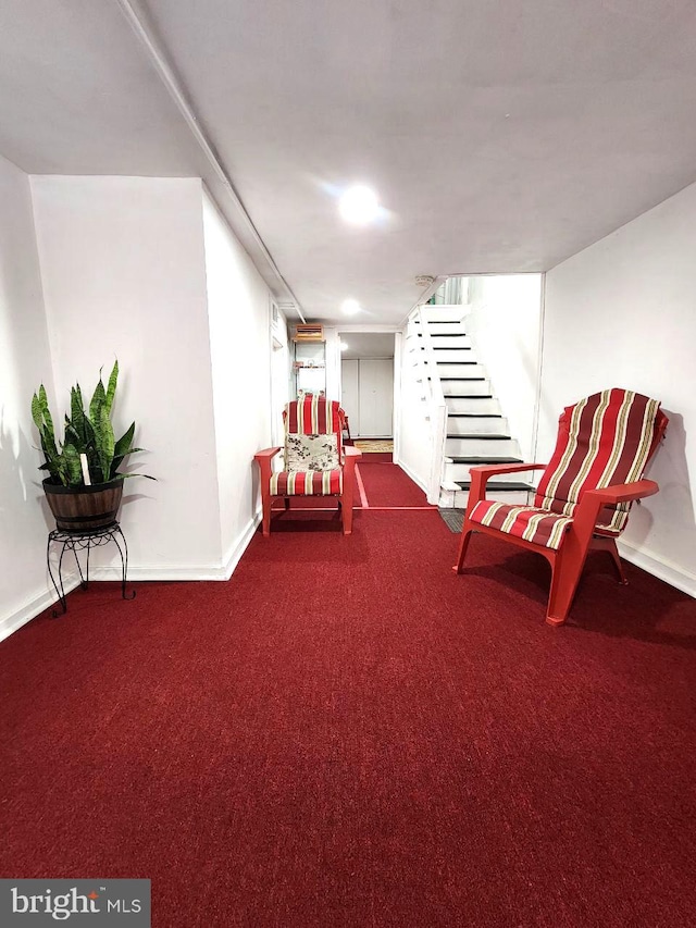 living area featuring carpet flooring