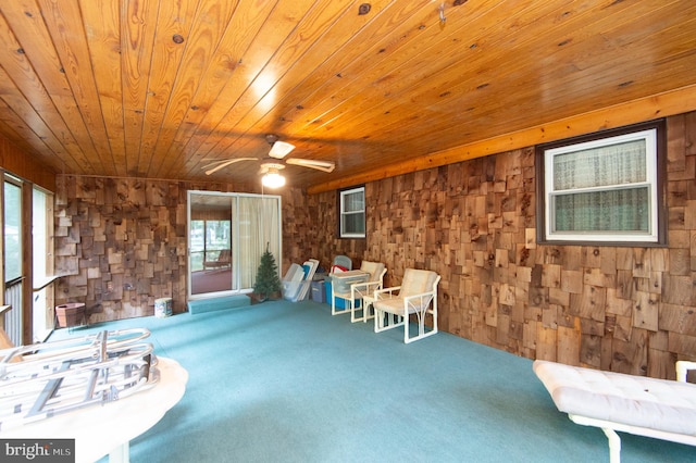 misc room with wood ceiling, a healthy amount of sunlight, ceiling fan, and carpet floors