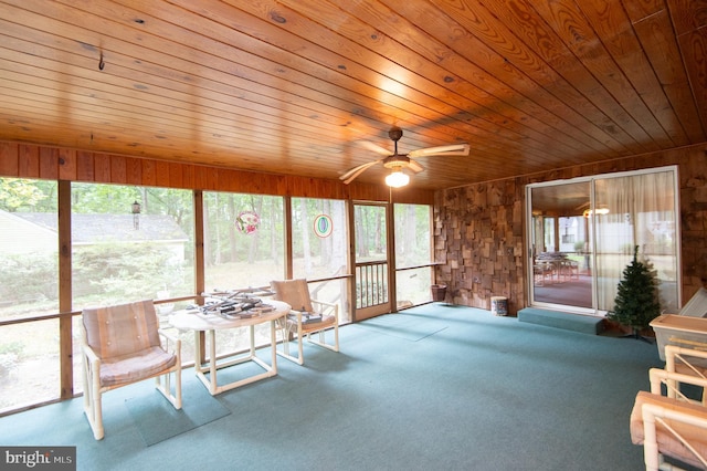 sunroom with wood ceiling and ceiling fan