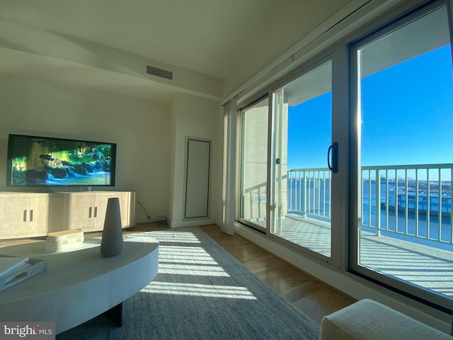 living area featuring wood finished floors and visible vents