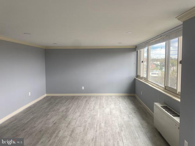 spare room featuring wood-type flooring and crown molding