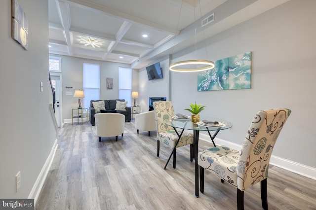 interior space with wood-type flooring, beamed ceiling, and coffered ceiling