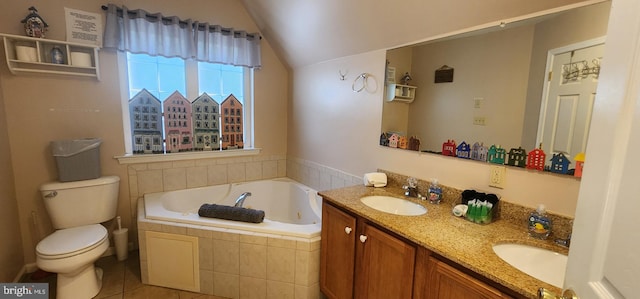 bathroom with tile patterned flooring, toilet, a relaxing tiled tub, and vanity