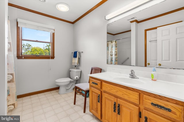 bathroom featuring ornamental molding, vanity, toilet, and a shower with shower curtain