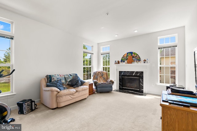 living room featuring a healthy amount of sunlight, carpet, and a fireplace