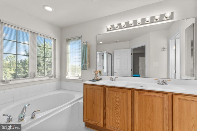 bathroom with vanity and separate shower and tub