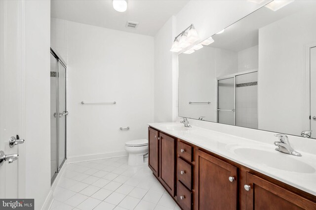 full bath with double vanity, a stall shower, visible vents, and a sink