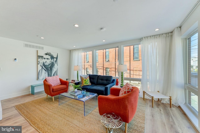 living room featuring plenty of natural light and light hardwood / wood-style floors