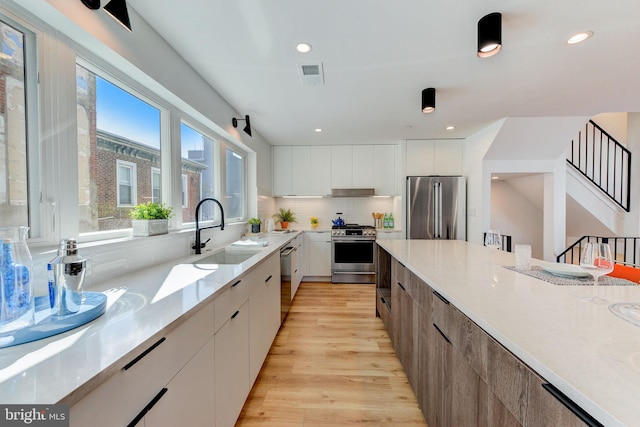 kitchen featuring backsplash, stainless steel appliances, sink, white cabinetry, and light wood-type flooring