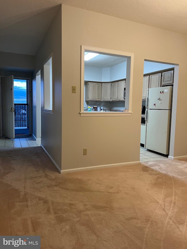 interior space featuring baseboards, light carpet, and a textured ceiling