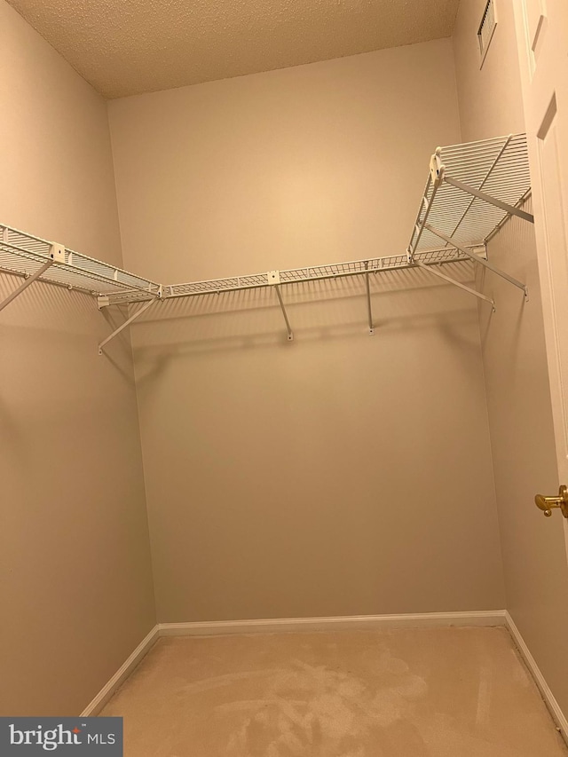 walk in closet featuring visible vents and light colored carpet