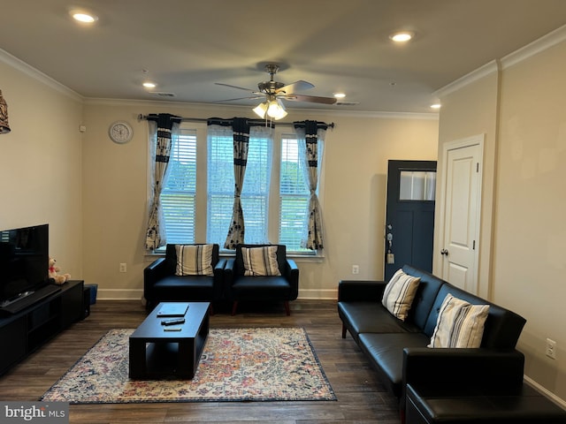 living room featuring crown molding, dark hardwood / wood-style flooring, and ceiling fan