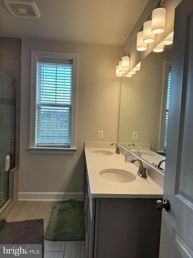 bathroom featuring vanity, wood-type flooring, and walk in shower