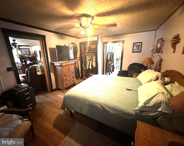 bedroom with ceiling fan, a closet, and wood-type flooring