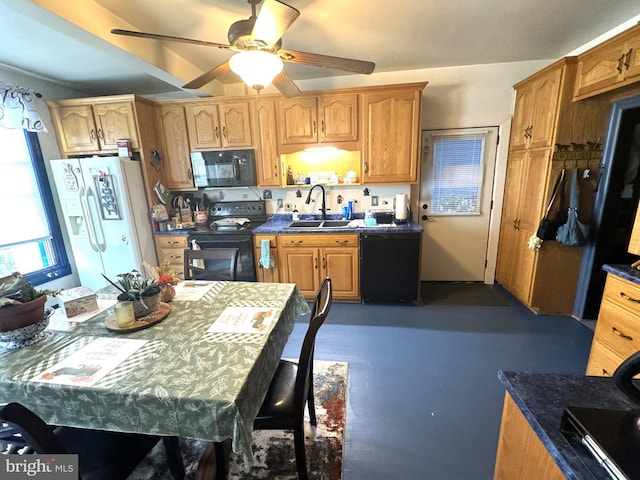 kitchen with black appliances, sink, and ceiling fan