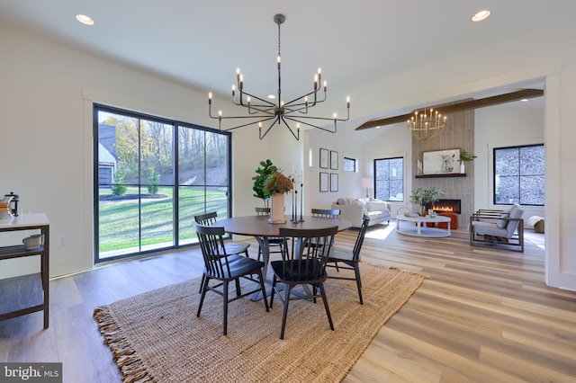 dining space with hardwood / wood-style flooring, a wealth of natural light, and a tile fireplace